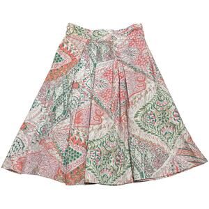 Jeune Otte Pleated Skirt A-Line 100% Organic Cotton Patterned Pink Green Small